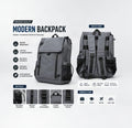 A gray modern backpack shown from the front and back on a light gray background, with feature callouts including water resistant, laptop compartment, multiple pockets, durable material, lightweight and comfortable. The image also includes detail close-ups and icons indicating suitability for work, study, travel, and daily use.