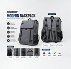 A gray modern backpack shown from the front and back on a light gray background, with feature callouts including water resistant, laptop compartment, multiple pockets, durable material, lightweight and comfortable. The image also includes detail close-ups and icons indicating suitability for work, study, travel, and daily use.