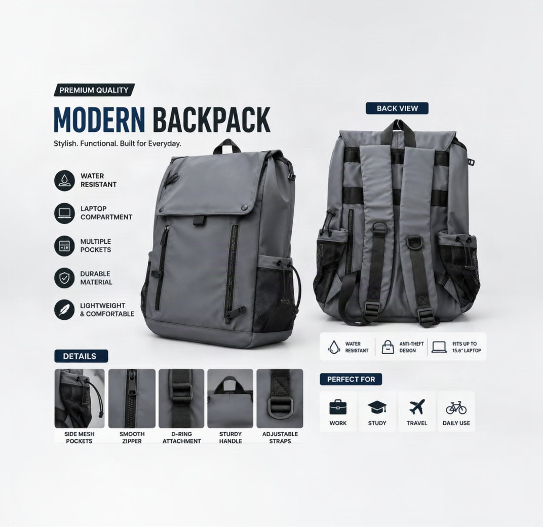 A gray modern backpack shown from the front and back on a light gray background, with feature callouts including water resistant, laptop compartment, multiple pockets, durable material, lightweight and comfortable. The image also includes detail close-ups and icons indicating suitability for work, study, travel, and daily use.